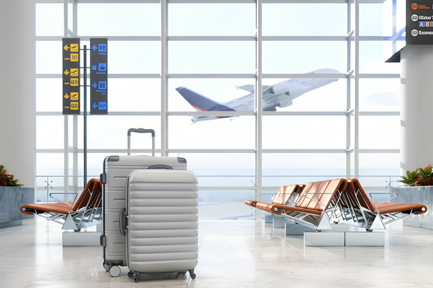 Suitcase inside an airport terminal with airplane visible through the window